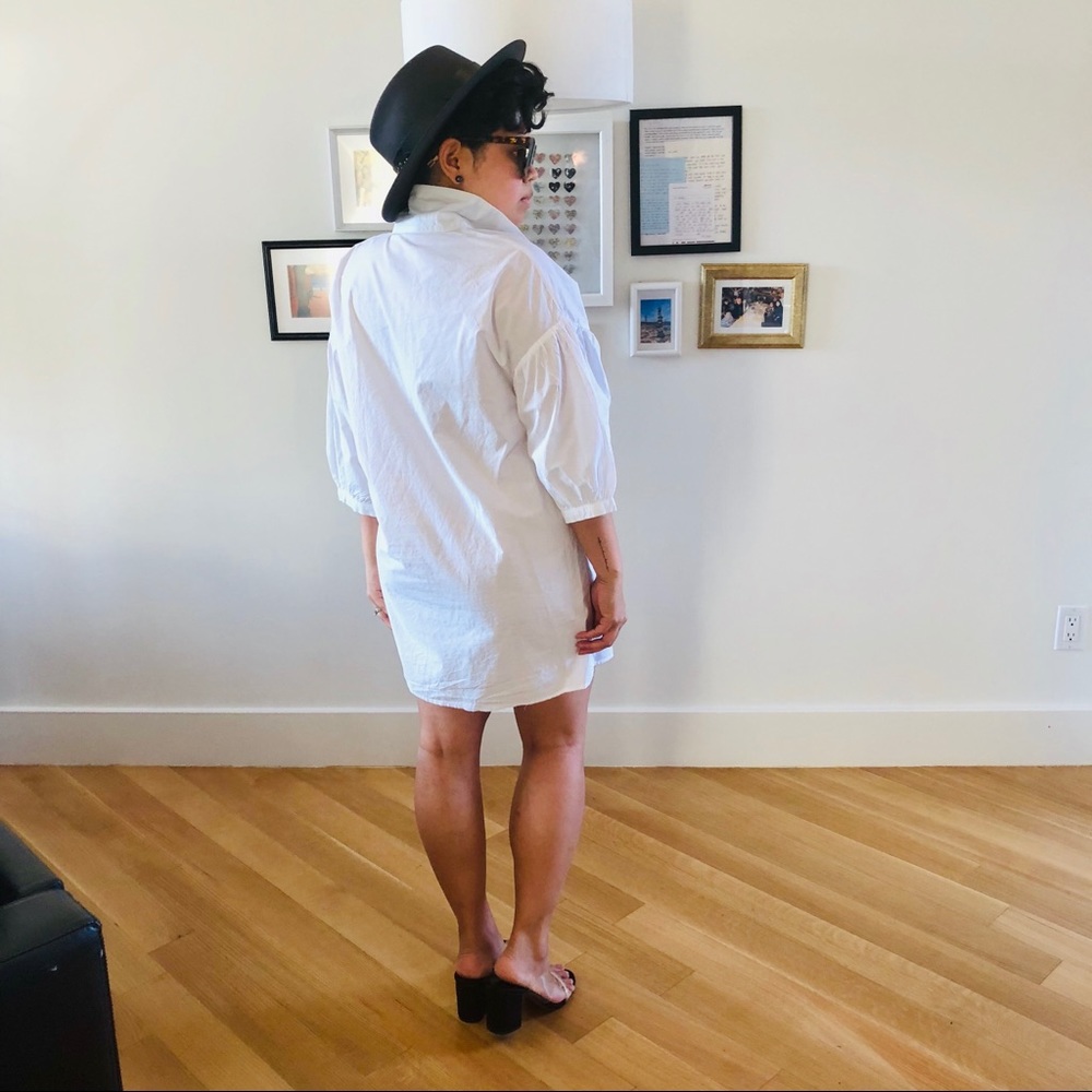 White Button Down Shirt Dress w Floral Embroidery - Picture 5 of 6